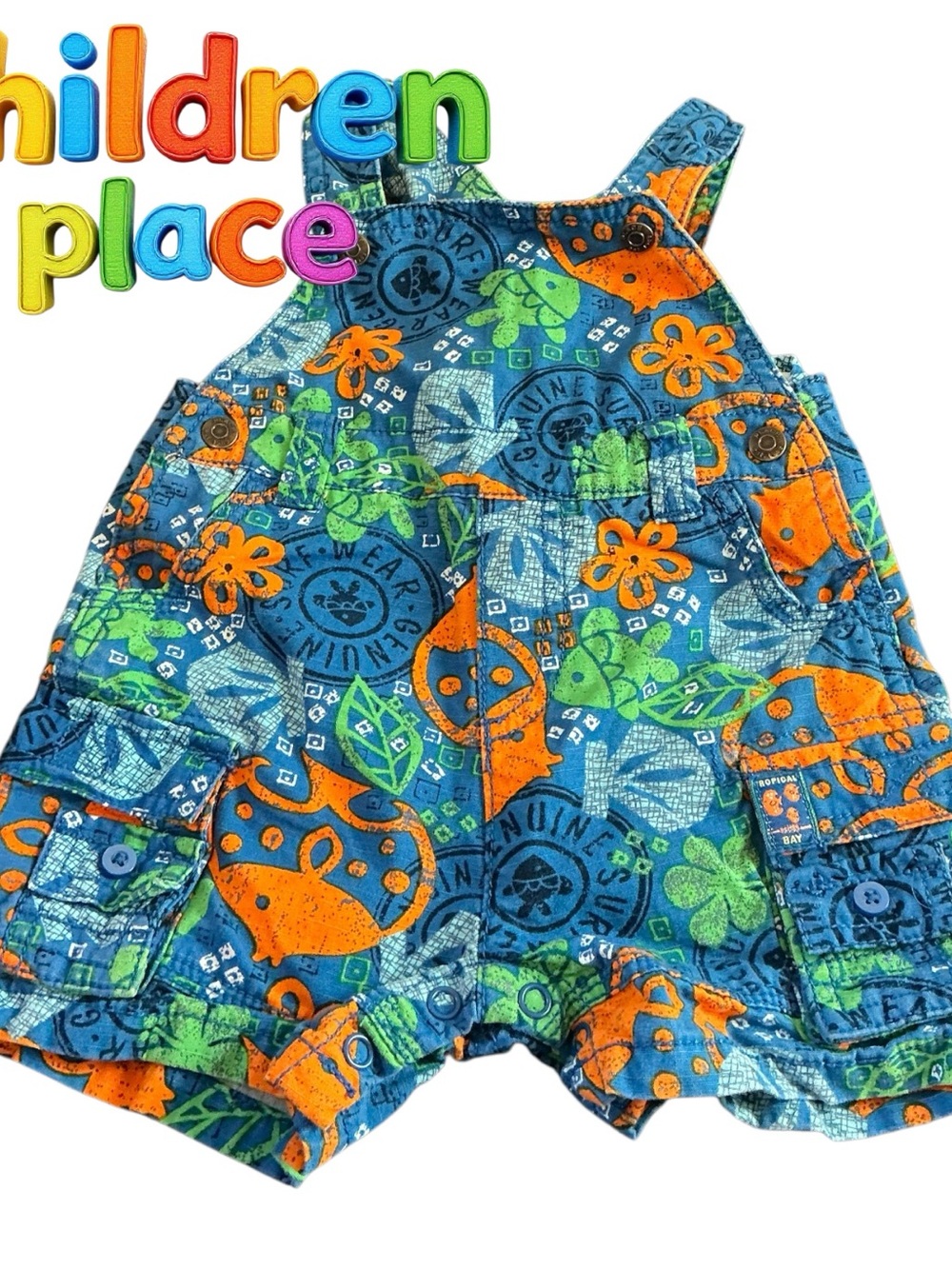 The Children's Place Blue Floral Orange Green Toddler Shortalls Overalls 3/6